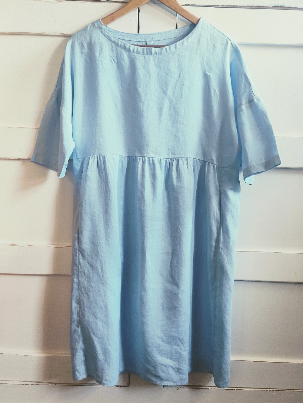 Lintico Women's Baby Blue 100% Linen A Line Midi Short Sleeve Dress | Medium - Picture 4 of 7